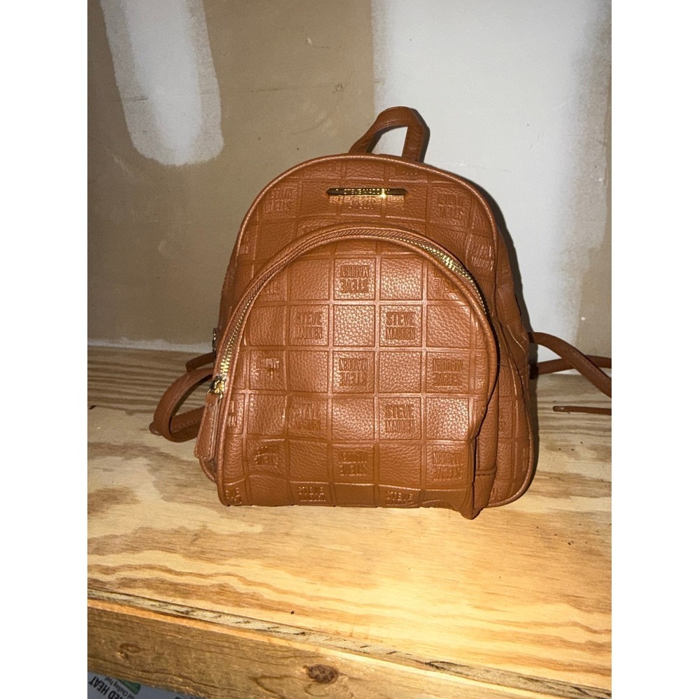 Steve Madden Mini Backpack Cognac Brown Embossed Grid Logo Faux Leather Bag